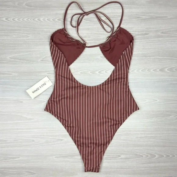 Free People x Zulu & Zephyr Stripe Halter One Piece Swimsuit Stripe Plum Size 10 - Picture 8 of 13